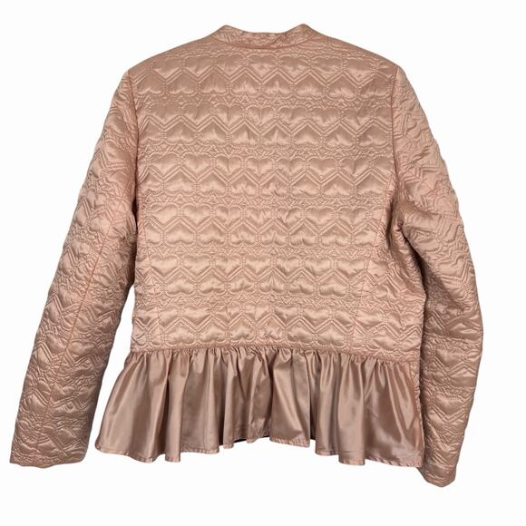 KATE SPADE Reversible Quilted Heart Satin Black Pink Ruffle Hem Jacket Coat M - Picture 6 of 16